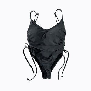 Black One-Piece Swimsuit Sm Side Tie Cheeky High Leg Swimwear Beach Resortwear